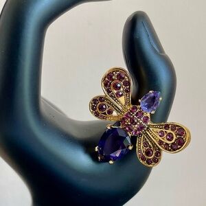 Vintage Joan Rivers Gold Plated Bee Ring With Amethyst Swarovski Crystal Stones